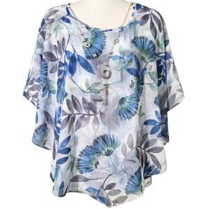 ALFRED DUNNER Petite Blue & White Floral Blouse With Necklace - Women's 16 P